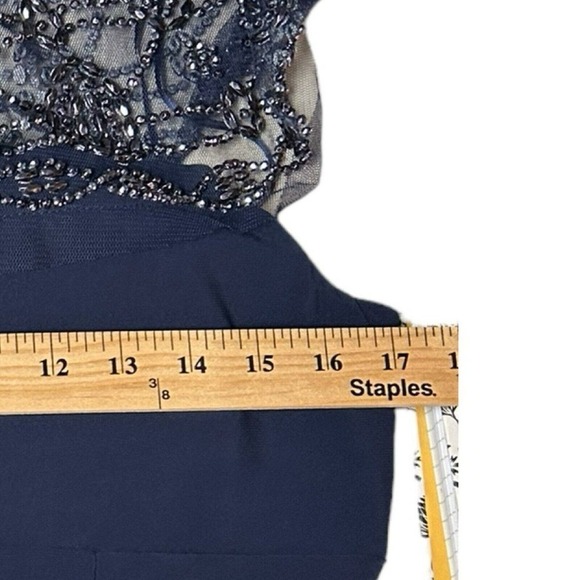 R&M RICHARDS Long Dress with Sheer Beaded Neck and Shoulder Size 10 Navy Blue - Picture 14 of 16
